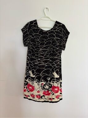 Lux Black Mini Dress with Cream Waves and Red Floral Border